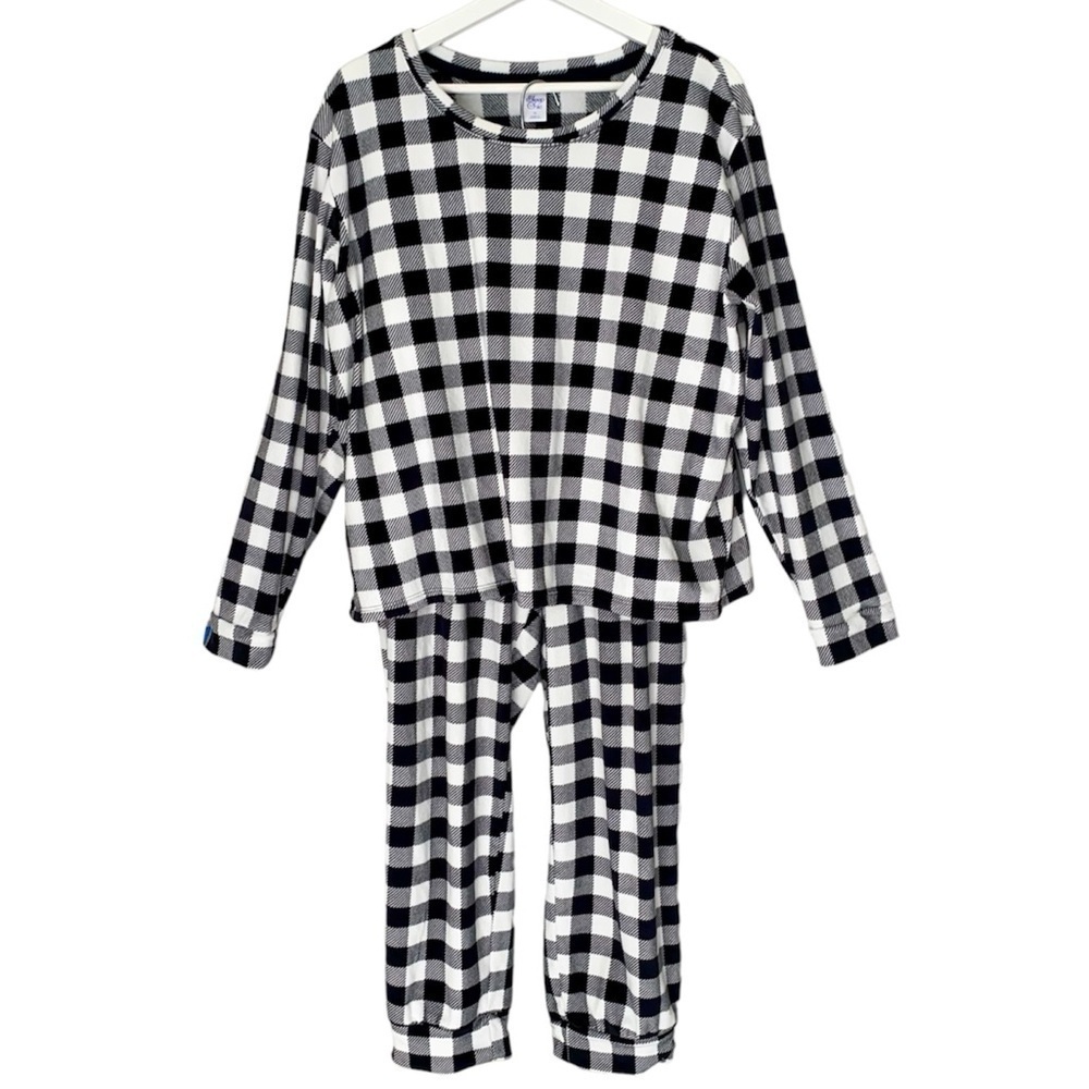 SLEEP CHIC 2-pc Pajama Set Velour Long Sleeve Buffalo Plaid Black White Women XL